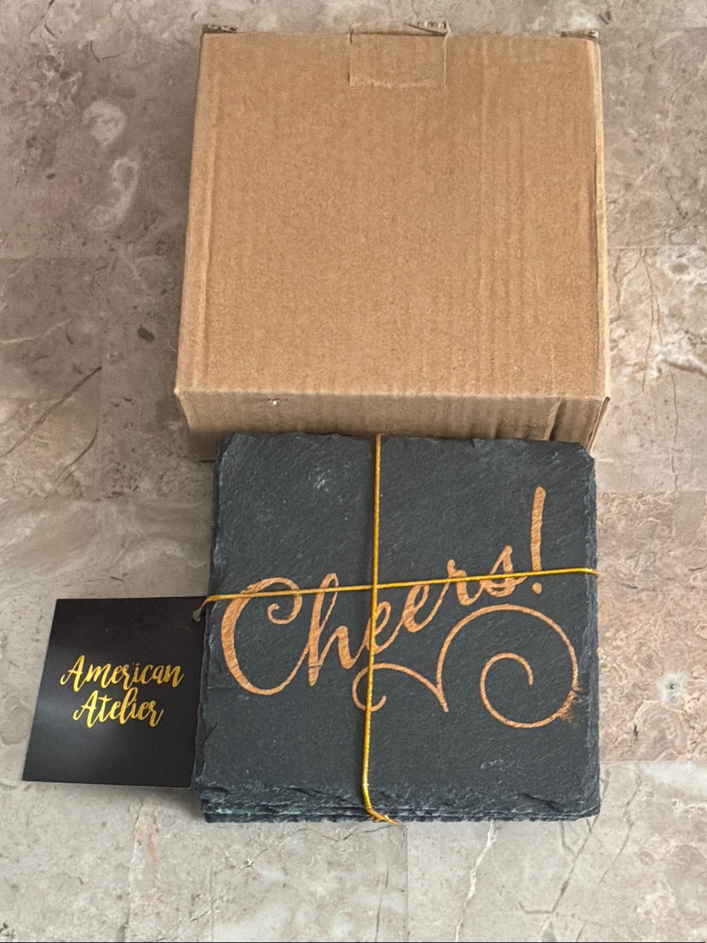 American Atelier Black Slate Coaster Set with “Cheers” Gold Script